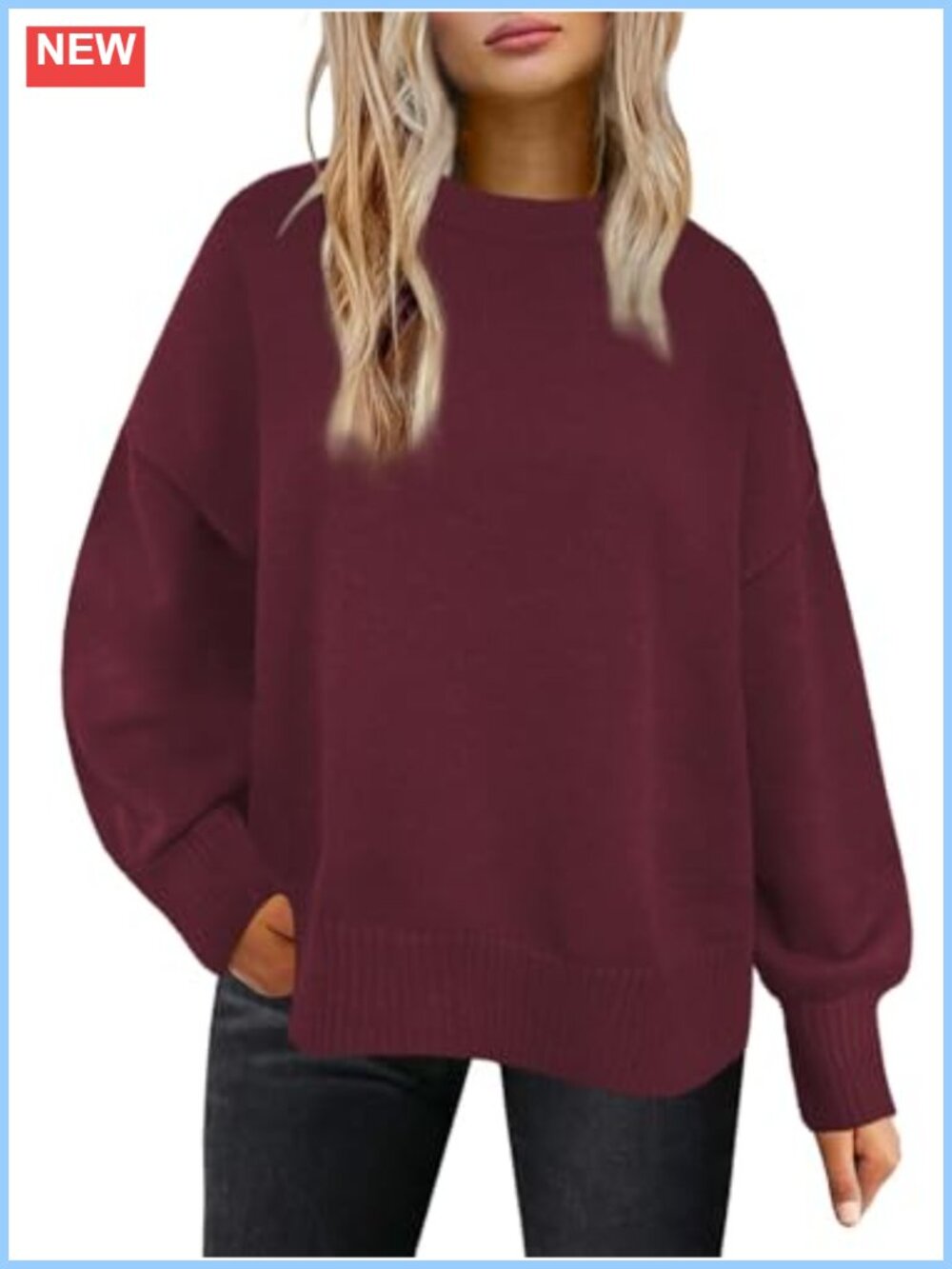Oversized Crew Neck Pullover Sweater Long Sleeve Tunic Side Slits Womens